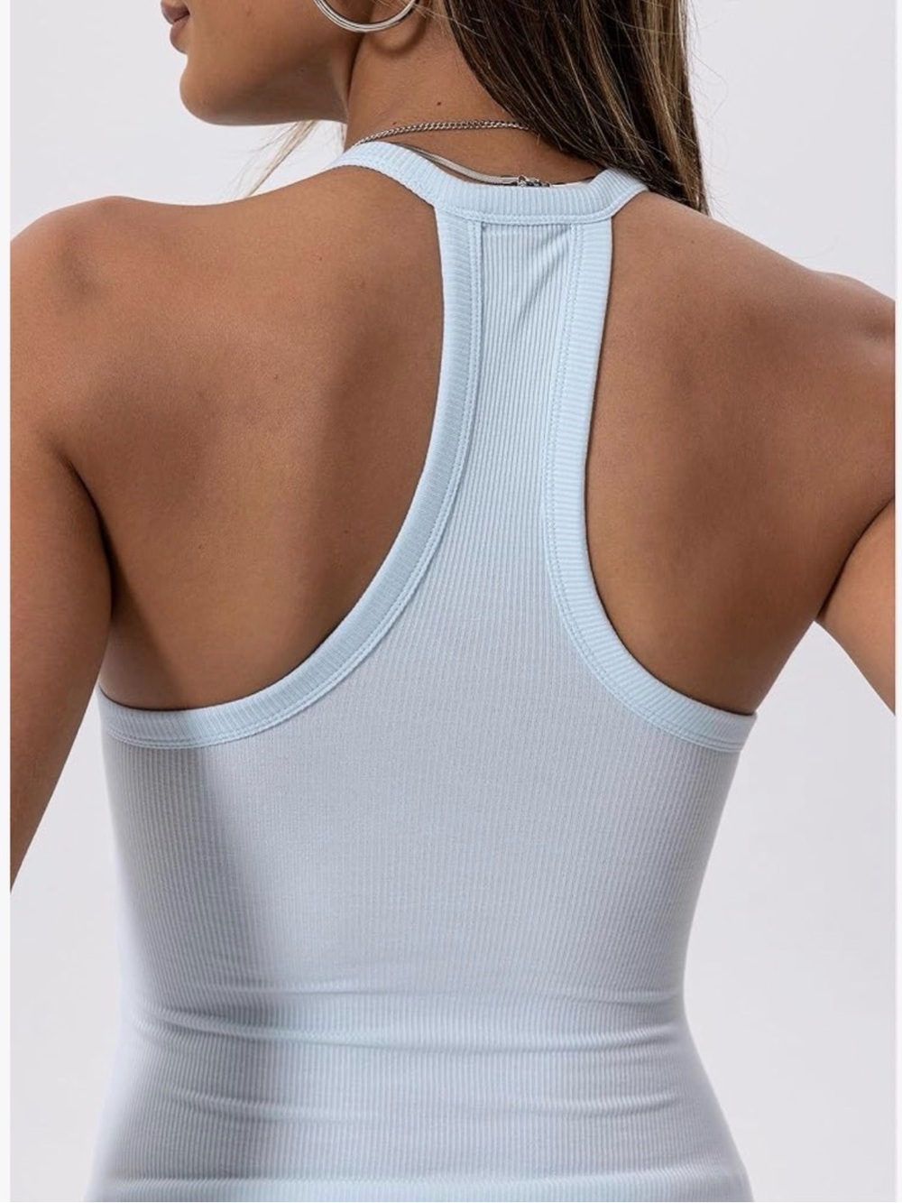 Set of 3 Ribbed V-Neck Racerback Tank - White, Light Blue, Taupe Sz Sm - Picture 6 of 8